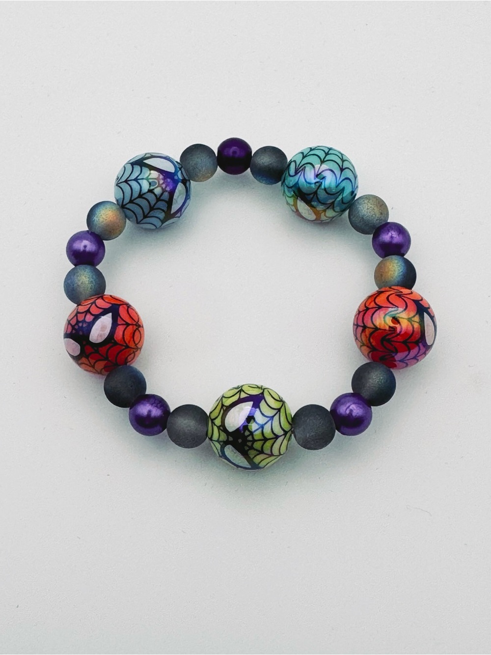 Web Slinger Themed Bead Stretch Bracelet with Black and Purple Accents